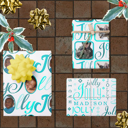 JOLLY Script Turquoise On White 4 Photo Christmas Wrapping Paper Sheets