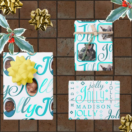 JOLLY Script Turquoise On White 4 Photo Christmas Wrapping Paper Sheets