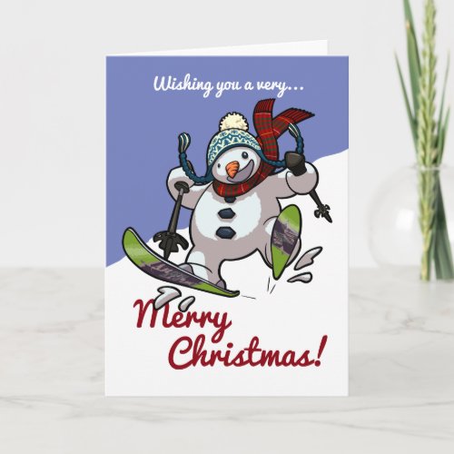 Jolly Skiing Snowman Merry Christmas Cartoon Holiday Card