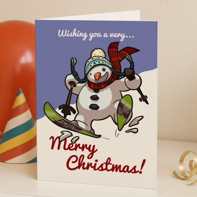 Jolly Skiing Snowman Merry Christmas Cartoon Holiday Card (Creator Uploaded)