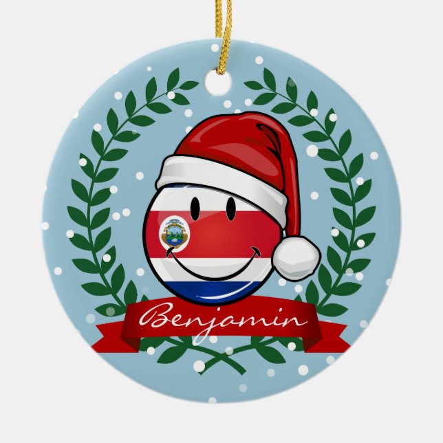 Jolly Smiling Christmas Costa Rican Flag Ceramic Ornament (Front)