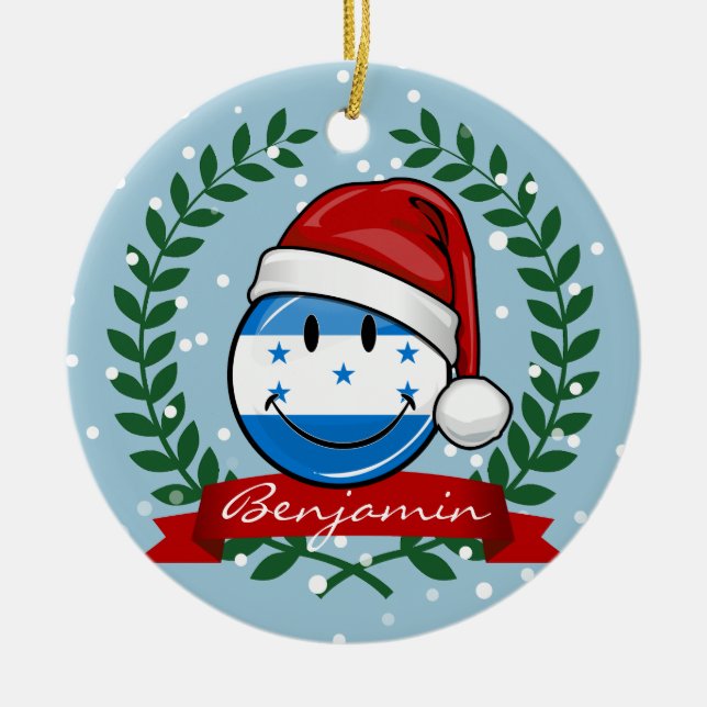Jolly Smiling Christmas Style Honduran Flag Ceramic Ornament (Front)