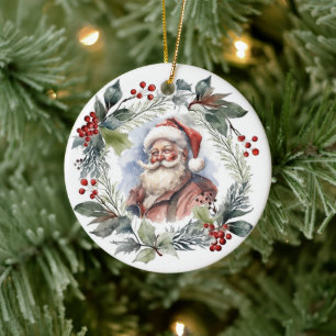 Jolly Smiling Santa Watercolor Christmas Wreath Ceramic Ornament