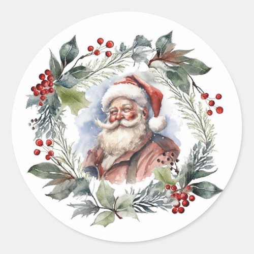 Jolly Smiling Santa Watercolor Christmas Wreath Classic Round Sticker