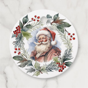Jolly Smiling Santa Watercolor Christmas Wreath Favor Tags