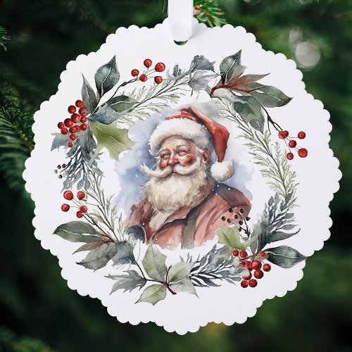 Jolly Smiling Santa Watercolor Christmas Wreath Ornament Card