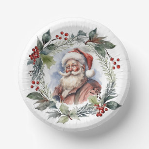 Jolly Smiling Santa Watercolor Christmas Wreath Paper Bowls