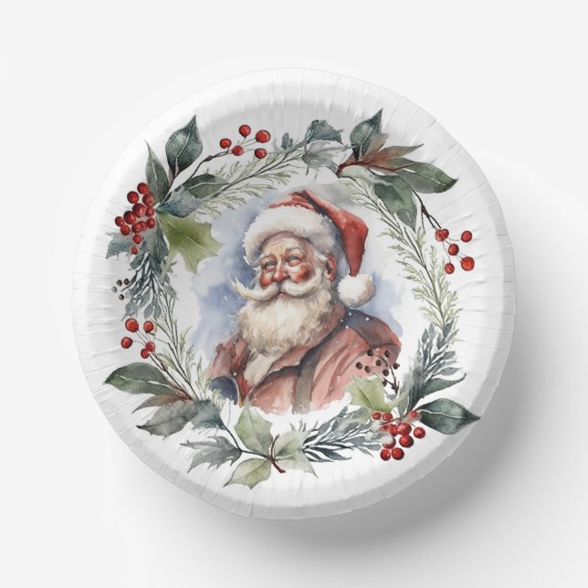 Jolly Smiling Santa Watercolor Christmas Wreath Paper Bowls (Front)