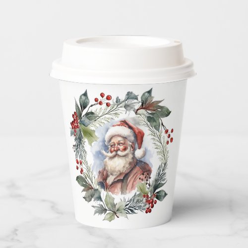 Jolly Smiling Santa Watercolor Christmas Wreath Paper Cups