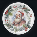 Jolly Smiling Santa Watercolor Christmas Wreath Paper Plates<br><div class="desc">Nostalgic vintage-inspired portrait of smiling St. Nicholas surrounded by a festive watercolor style Christmas wreath with evergreens,  foliage and red berries.</div>