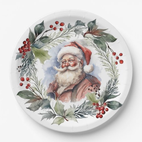 Jolly Smiling Santa Watercolor Christmas Wreath Paper Plates