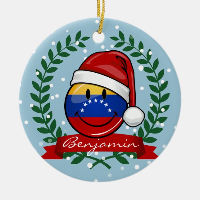 Jolly Smiling Venezuelan Flag Christmas Ceramic Ornament (Front)