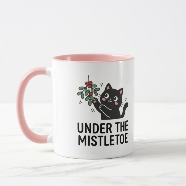 Jolly Snowfall Cute Black Cat Mistletoe Design Mug (Left)