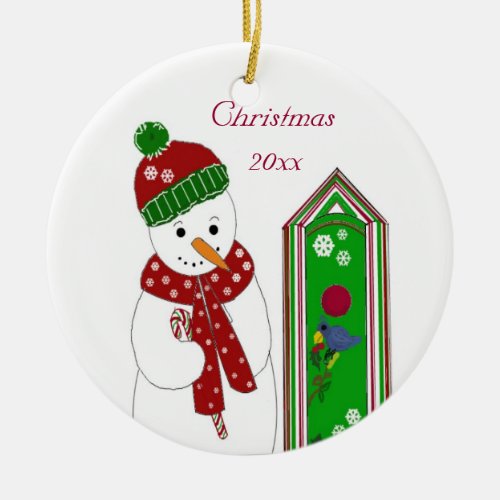 Jolly Snowman and Bird House Ceramic Ornament