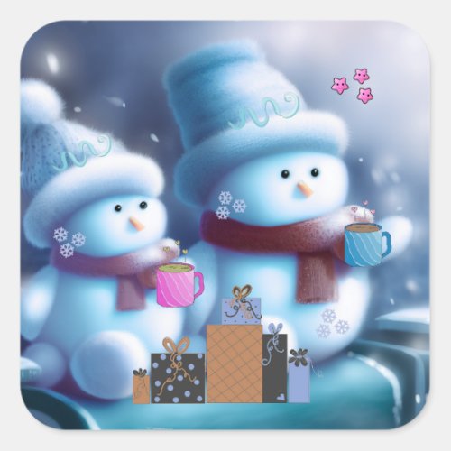 Jolly Snowman Couple Coffee  Square Sticker