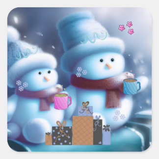 Jolly Snowman Couple Coffee Square Sticker