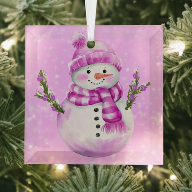 Jolly Snowman Pink  Glass Ornament (.jolly snowman on this lovely ornament)