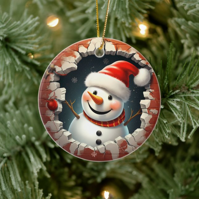 Jolly Snowman Santa Hat - 3D Ceramic Ornament (Tree)