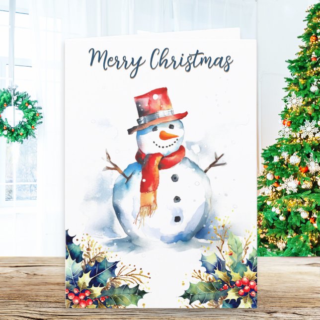 Jolly Snowman Winter Snow Holly Merry Christmas Holiday Card (A festive Christmas card with snowman and holly picture and Merry Christmas greeting)