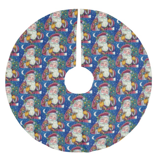 JOLLY ST NICK & TEDDYBEAR, OLD FASHIONED CHRISTMAS BRUSHED POLYESTER TREE SKIRT (Front)