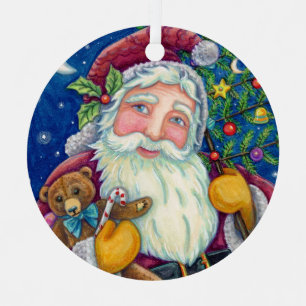 JOLLY ST NICK & TEDDYBEAR, OLD FASHIONED CHRISTMAS METAL ORNAMENT