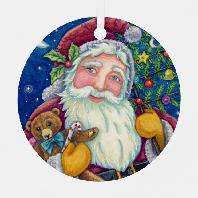 JOLLY ST NICK & TEDDYBEAR, OLD FASHIONED CHRISTMAS METAL ORNAMENT (Front)