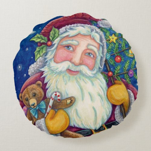 JOLLY ST NICK  TEDDYBEAR OLD FASHIONED CHRISTMAS ROUND PILLOW