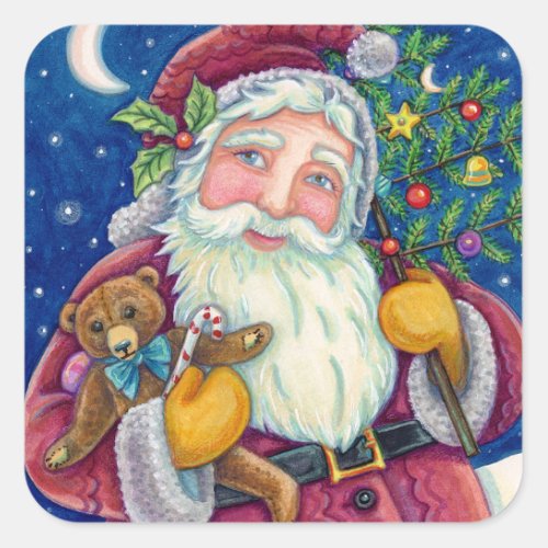 JOLLY ST NICK  TEDDYBEAR OLD FASHIONED CHRISTMAS SQUARE STICKER