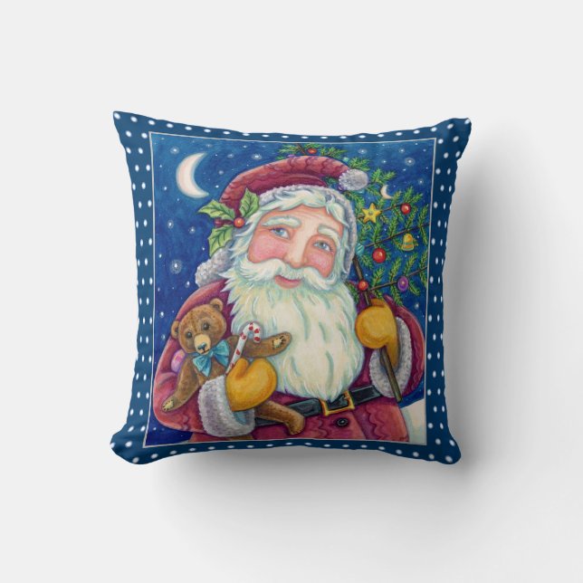 JOLLY ST NICK & TEDDYBEAR, OLD FASHIONED CHRISTMAS THROW PILLOW (Front)