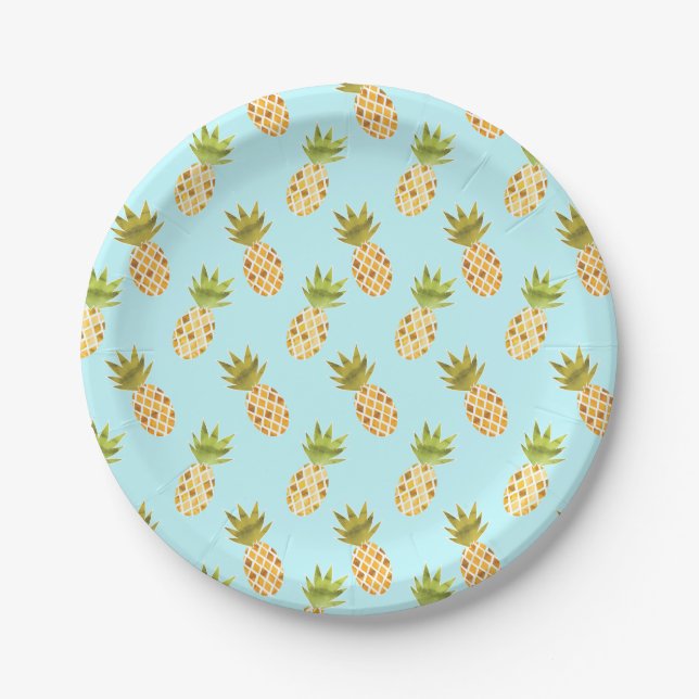 Jolly Tropical Watercolor Pineapple Pattern Paper Plates (Front)