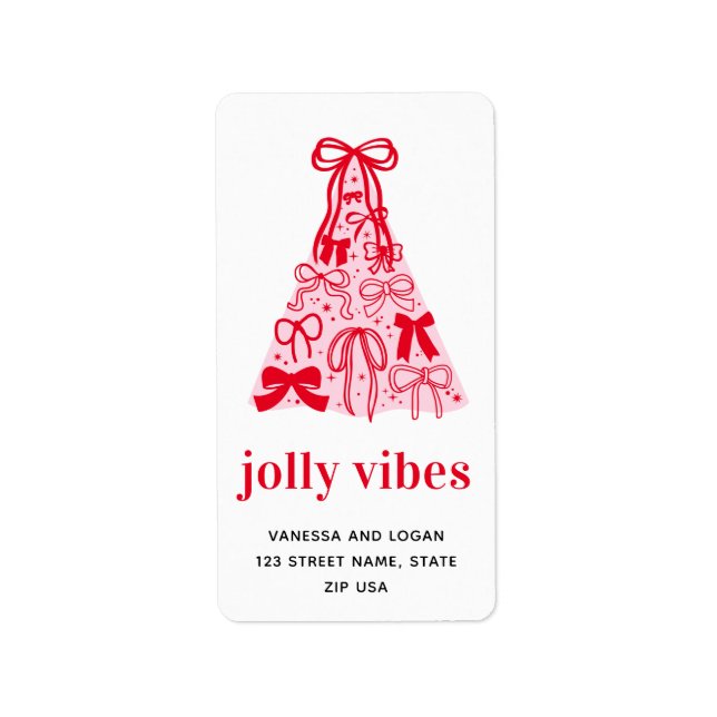Jolly Vibes Whimsical Bow Pink Red Holiday Label (Front)