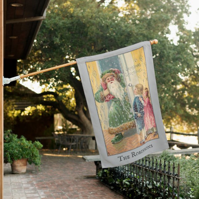 Jolly Victorian Father Christmas with Children House Flag (In SItu)