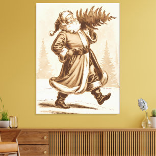 Jolly Vintage Santa Carrying a Christmas Tree Canvas Print