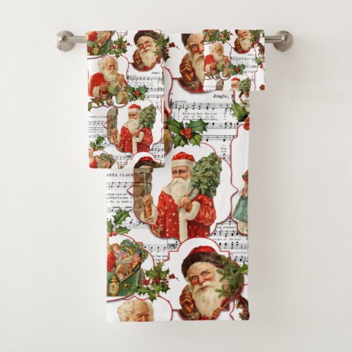 Jolly Vintage Santa Holly  Music Collage Bath Towel Set