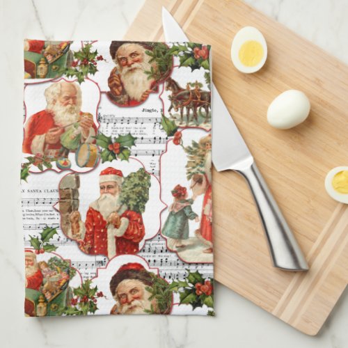 Jolly Vintage Santa Holly  Music Collage Kitchen Towel