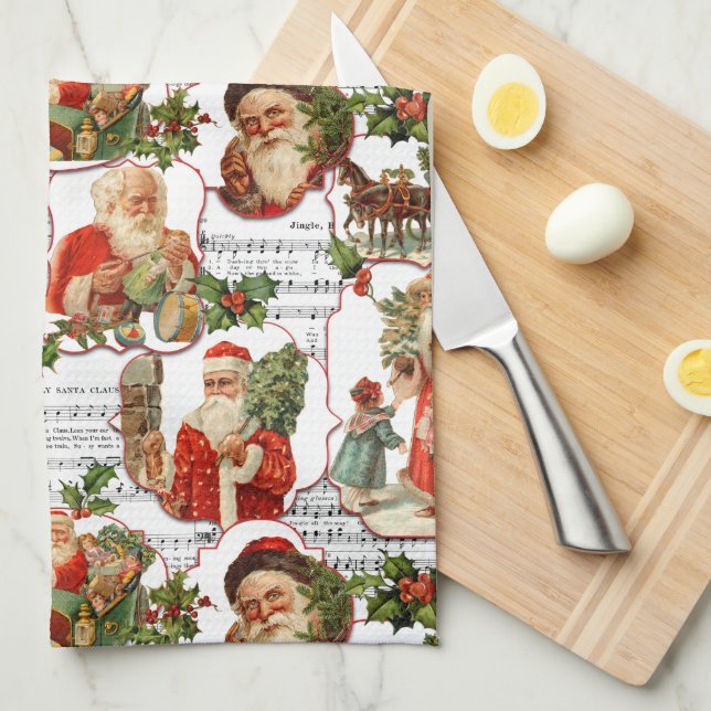 Jolly Vintage Santa, Holly & Music Collage Kitchen Towel (Quarter Fold)