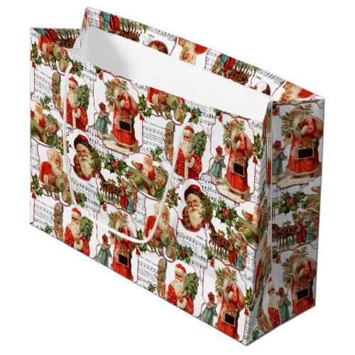 Jolly Vintage Santa Holly  Music Collage Large Gift Bag