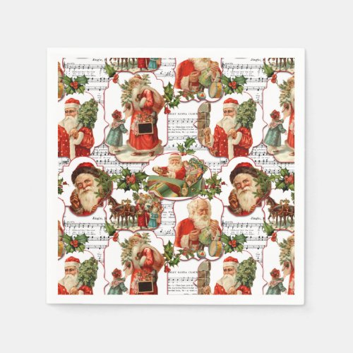 Jolly Vintage Santa Holly  Music Collage Napkins