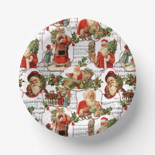 Jolly Vintage Santa Holly  Music Collage Paper Bowls