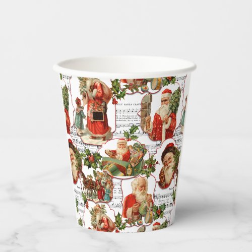 Jolly Vintage Santa Holly  Music Collage Paper Cups