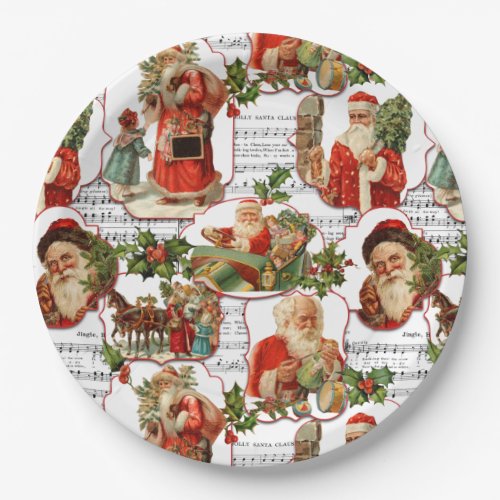 Jolly Vintage Santa Holly  Music Collage Paper Plates