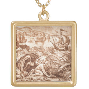 Jonah and the Whale, illustration from a Bible, en Gold Plated Necklace