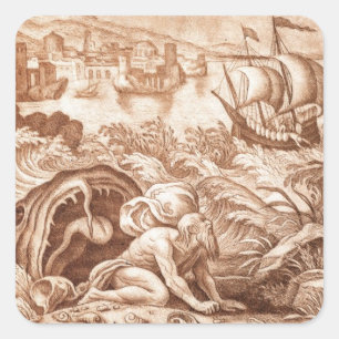 Jonah and the Whale, illustration from a Bible, en Square Sticker