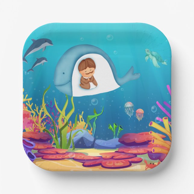 Jonah and the Whale Kids Square Paper Plates  (Front)
