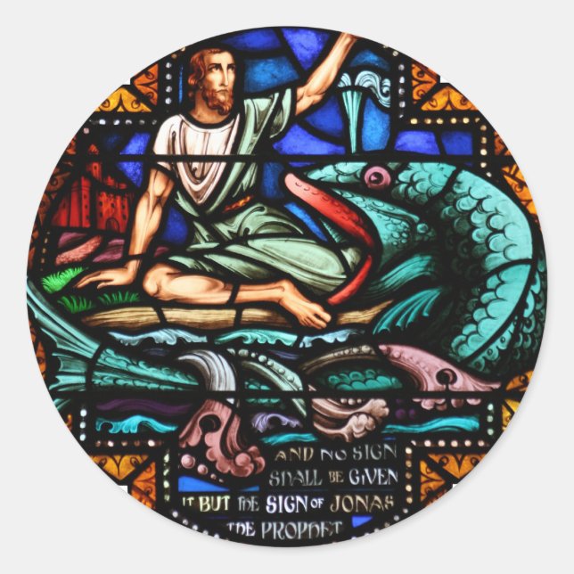Jonah and Whale Stained Glass Art Classic Round Sticker (Front)