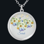 Jonquils and Jasmine Floral Design with Name Silver Plated Necklace<br><div class="desc">This necklace has a spray of white flowers with golden yellow center and smaller white jasmine as well as few tiny purple flowers.The background is a light blue gray. You can change the background color. Change the name or use other text if you like. Find matching items in my "Spring...</div>