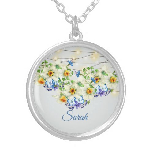 Jonquils and Jasmine Floral Design with Name Silver Plated Necklace