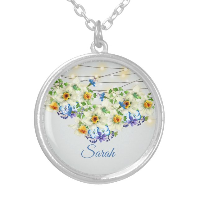 Jonquils and Jasmine Floral Design with Name Silver Plated Necklace (Front)
