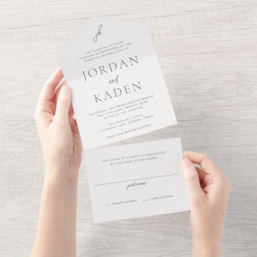 Jordan Gray Script Monogram Elegant Wedding All In One Invitation