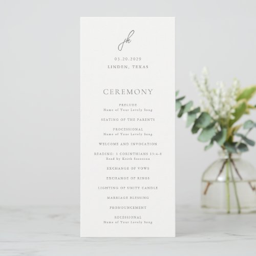 Jordan Gray Script Monogram Elegant Wedding Program
